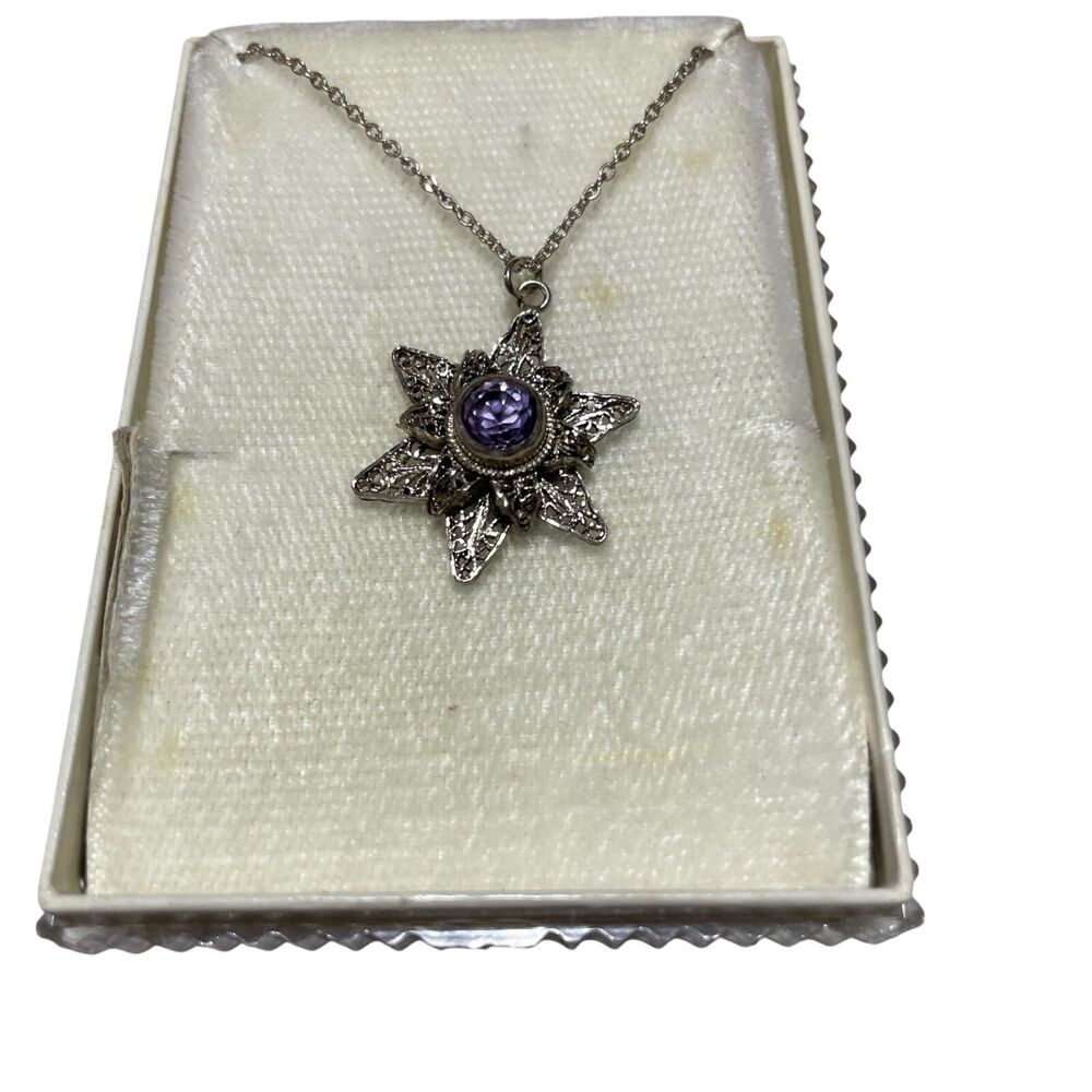 Vintage Jerusalem Silver Star Amethyst Stone Sterling 16" Chain‎
